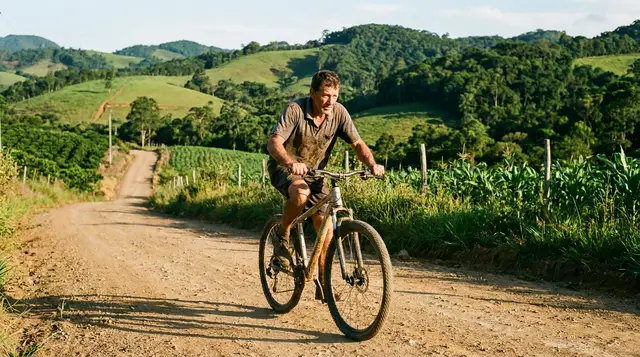 Ciclista pedalando mountain bike aro 29 em estrada de chão batido