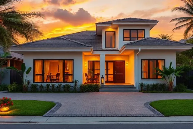 Casa residencial com luz acesa, no fim da tarde